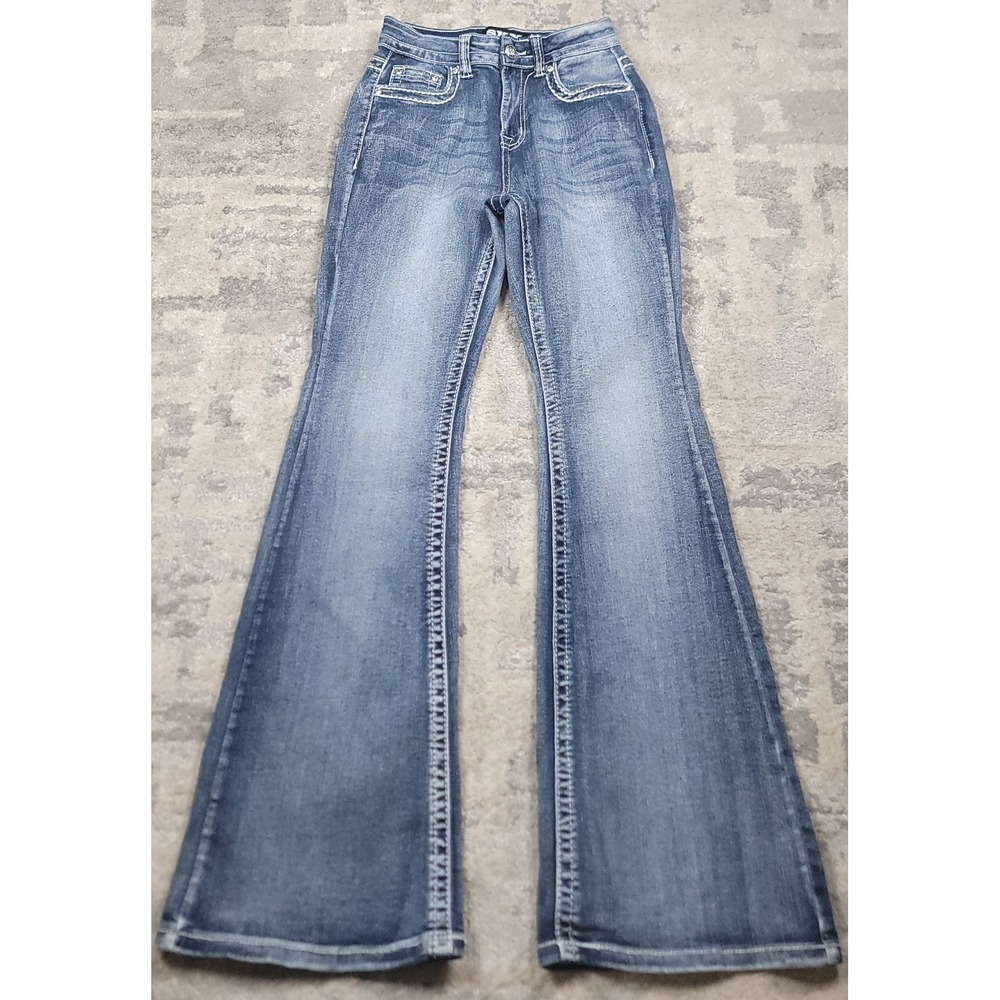 SKY Premium Collection Flare Blue Embellished Back Pockets Jeans Sz 3/4 24x30